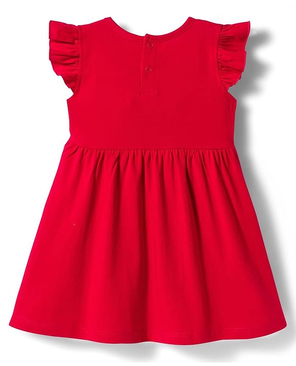 Babyhug Disney Single Jersey Knit Frill Sleeves Frocks with Minnie Mouse Graphic & Bow Applique Pack of 2 - White & Red