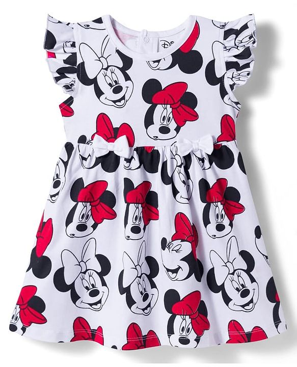 Babyhug Disney Single Jersey Knit Frill Sleeves Frocks with Minnie Mouse Graphic & Bow Applique Pack of 2 - White & Red
