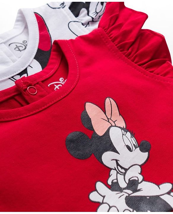 Babyhug Disney Single Jersey Knit Frill Sleeves Frocks with Minnie Mouse Graphic & Bow Applique Pack of 2 - White & Red