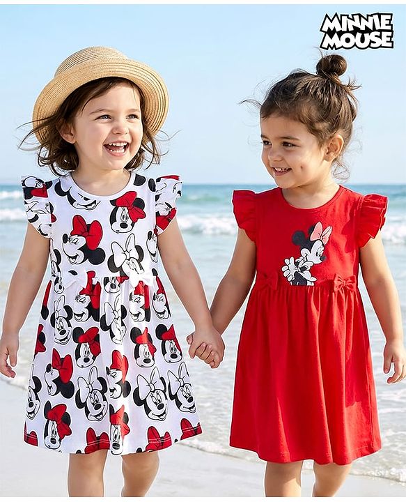 Babyhug Disney Single Jersey Knit Frill Sleeves Frocks with Minnie Mouse Graphic & Bow Applique Pack of 2 - White & Red