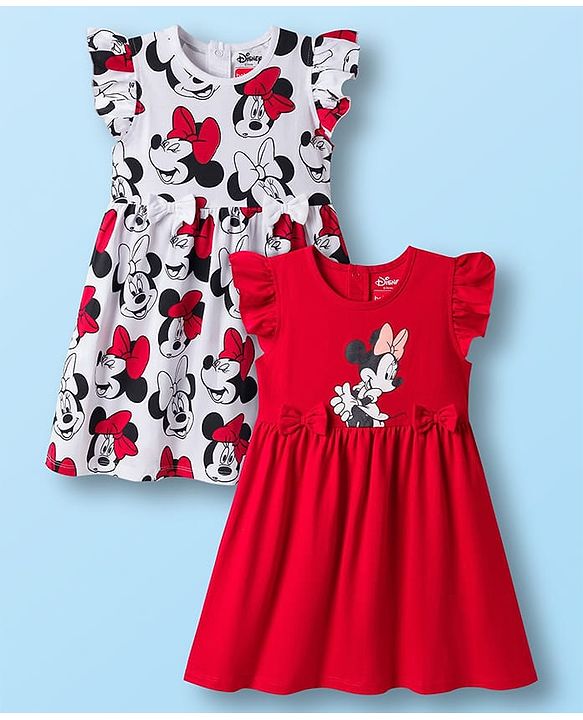 Babyhug Disney Single Jersey Knit Frill Sleeves Frocks with Minnie Mouse Graphic & Bow Applique Pack of 2 - White & Red
