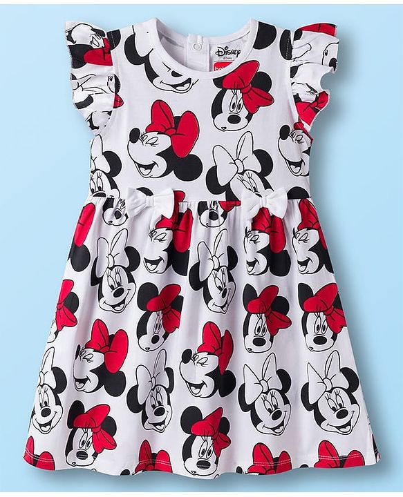 Babyhug Disney Single Jersey Knit Frill Sleeves Frocks with Minnie Mouse Graphic & Bow Applique Pack of 2 - White & Red
