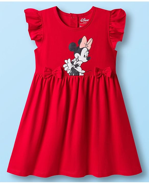 Babyhug Disney Single Jersey Knit Frill Sleeves Frocks with Minnie Mouse Graphic & Bow Applique Pack of 2 - White & Red