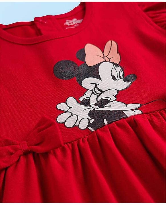 Babyhug Disney Single Jersey Knit Frill Sleeves Frocks with Minnie Mouse Graphic & Bow Applique Pack of 2 - White & Red