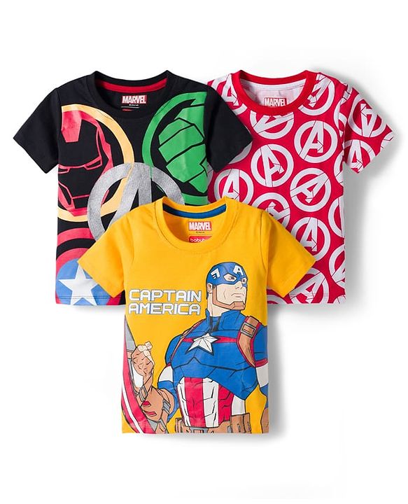Babyhug Marvel Single Jersey Knit Half Sleeves T-Shirt With Avengers Graphics Pack Of 3 - Red Black & Yellow