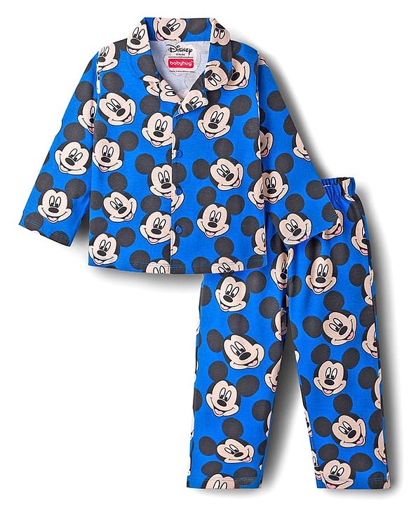 Babyhug Disney Single Jersey Knit Full Sleeves Co-ord Night Suit With Mickey Mouse Print - Blue