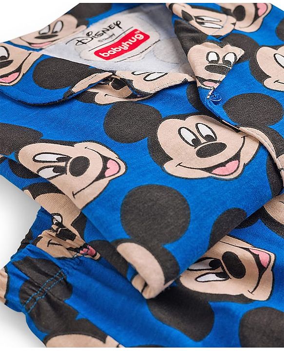 Babyhug Disney Single Jersey Knit Full Sleeves Co-ord Night Suit With Mickey Mouse Print - Blue