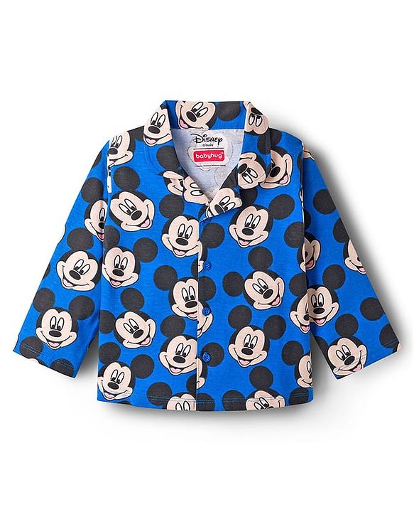 Babyhug Disney Single Jersey Knit Full Sleeves Co-ord Night Suit With Mickey Mouse Print - Blue