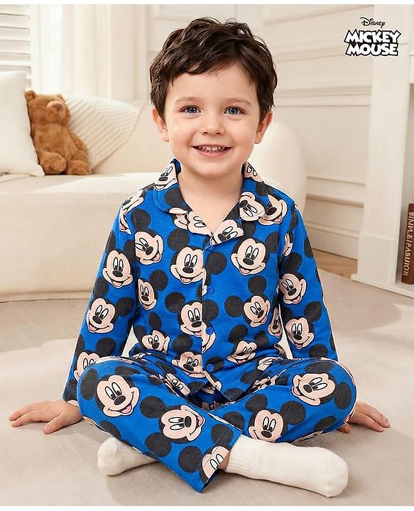Babyhug Disney Single Jersey Knit Full Sleeves Co-ord Night Suit With Mickey Mouse Print - Blue