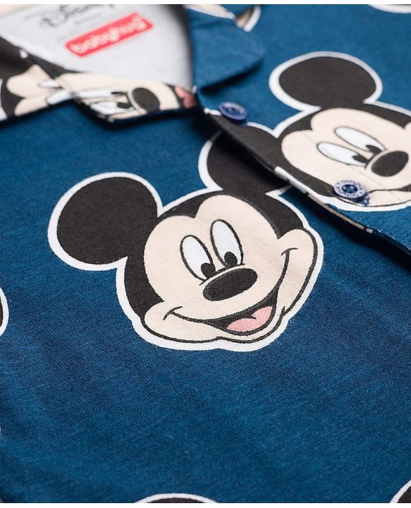 Babyhug Disney Single Jersey Knit Full Sleeves Co-ord Night Suit With Mickey Mouse Print - Navy Blue