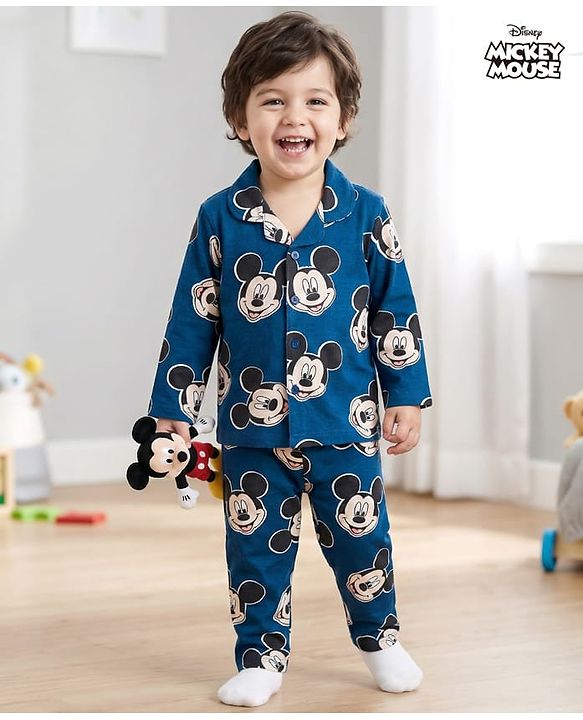 Babyhug Disney Single Jersey Knit Full Sleeves Co-ord Night Suit With Mickey Mouse Print - Navy Blue