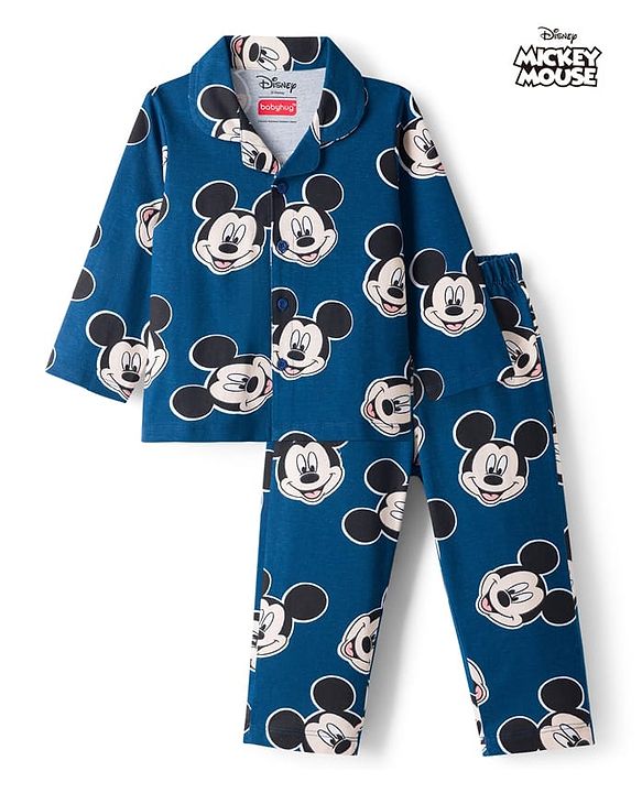Babyhug Disney Single Jersey Knit Full Sleeves Co-ord Night Suit With Mickey Mouse Print - Navy Blue