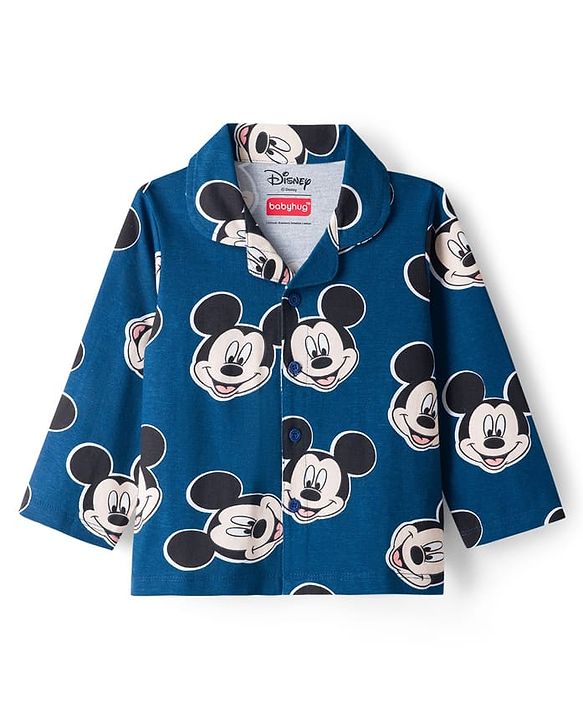 Babyhug Disney Single Jersey Knit Full Sleeves Co-ord Night Suit With Mickey Mouse Print - Navy Blue