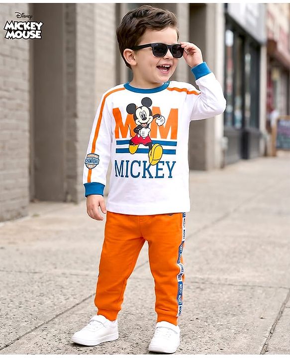 Babyhug Disney Single Jersey Knit Full Sleeves T-Shirt & Track Pant Set With Front & Back Mickey Mouse Graphics - White & Orange