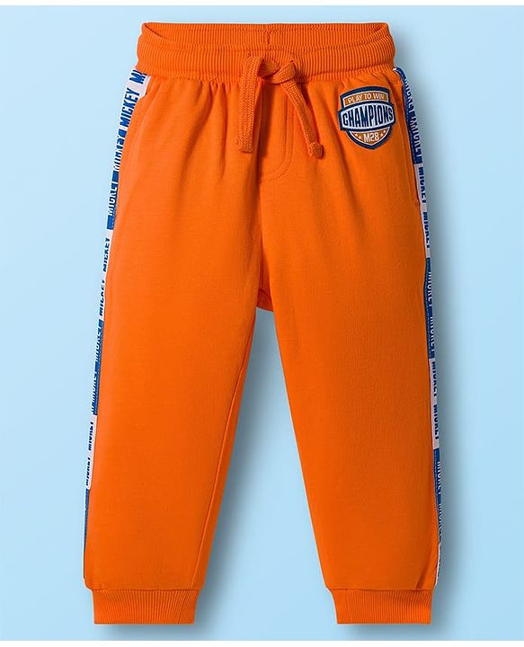 Babyhug Disney Single Jersey Knit Full Sleeves T-Shirt & Track Pant Set With Front & Back Mickey Mouse Graphics - White & Orange