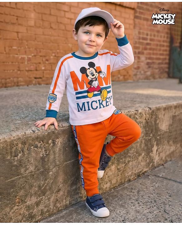 Babyhug Disney Single Jersey Knit FullT-Shirt & Track Pant Set With Front & Back Mickey Mouse Graphics - White & Orange