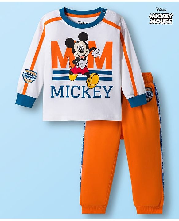 Babyhug Disney Single Jersey Knit FullT-Shirt & Track Pant Set With Front & Back Mickey Mouse Graphics - White & Orange