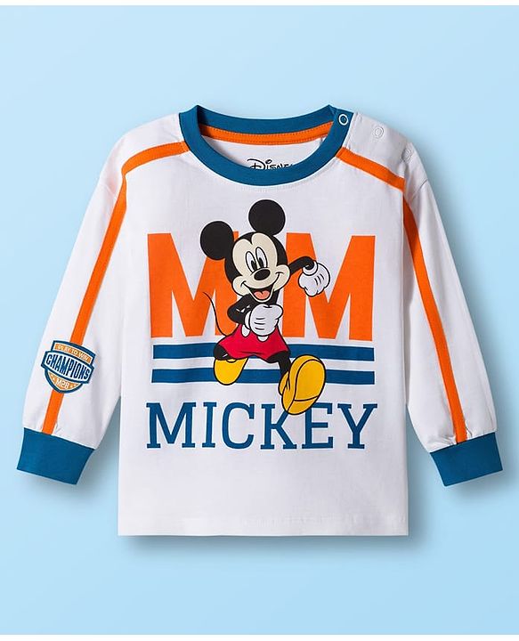 Babyhug Disney Single Jersey Knit FullT-Shirt & Track Pant Set With Front & Back Mickey Mouse Graphics - White & Orange