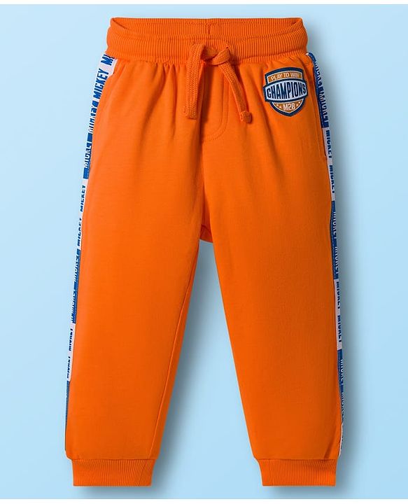 Babyhug Disney Single Jersey Knit FullT-Shirt & Track Pant Set With Front & Back Mickey Mouse Graphics - White & Orange