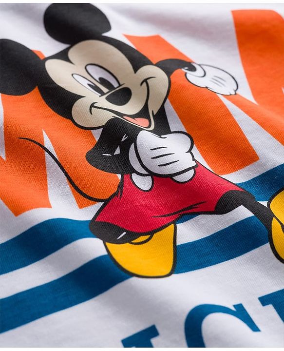 Babyhug Disney Single Jersey Knit FullT-Shirt & Track Pant Set With Front & Back Mickey Mouse Graphics - White & Orange