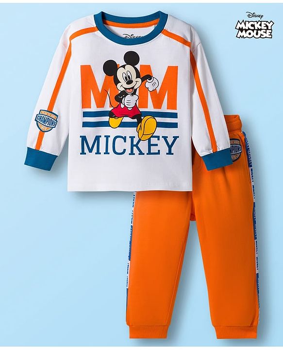 Babyhug Disney Single Jersey Knit FullT-Shirt & Track Pant Set With Front & Back Mickey Mouse Graphics - White & Orange