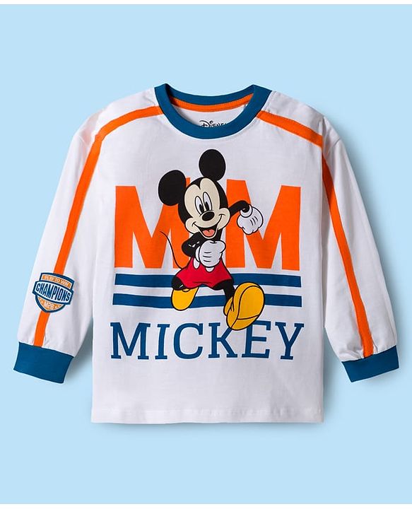 Babyhug Disney Single Jersey Knit FullT-Shirt & Track Pant Set With Front & Back Mickey Mouse Graphics - White & Orange
