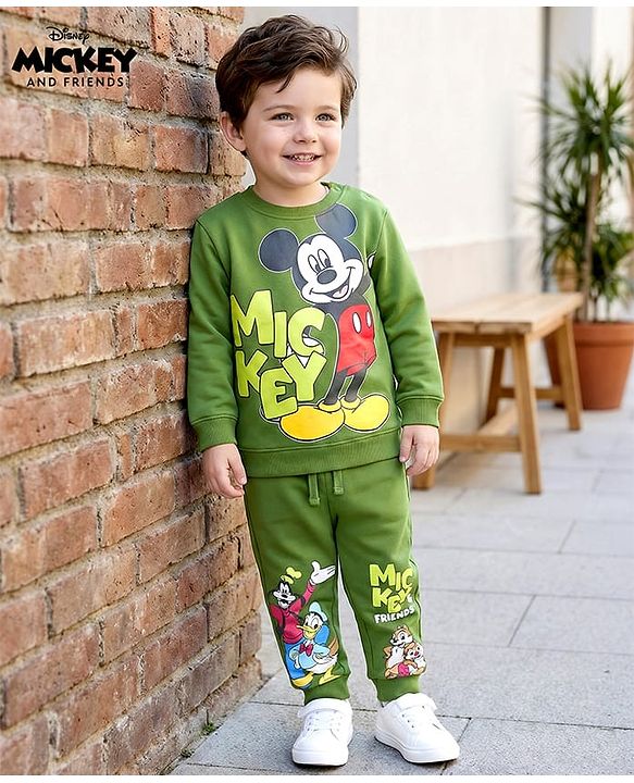 Babyhug Disney Single Jersey Knit Full Sleeves T-Shirt & Lounge Pant Set With Chip N Dale Graphic - Olive Green