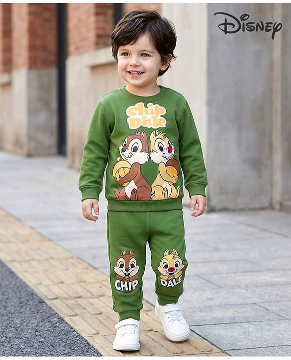 Babyhug Disney Single Jersey Knit Full Sleeves T-Shirt & Lounge Pant Set With Chip N Dale Graphic - Olive Green