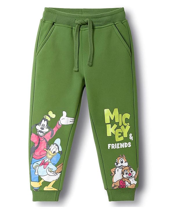 Babyhug Disney Single Jersey Knit Full Sleeves T-Shirt & Track Pant Set With Mickey & Friends Graphics - Olive Green