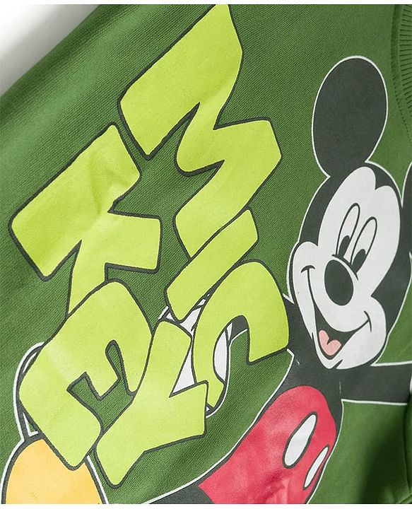 Babyhug Disney Single Jersey Knit Full Sleeves T-Shirt & Track Pant Set With Mickey & Friends Graphics - Olive Green