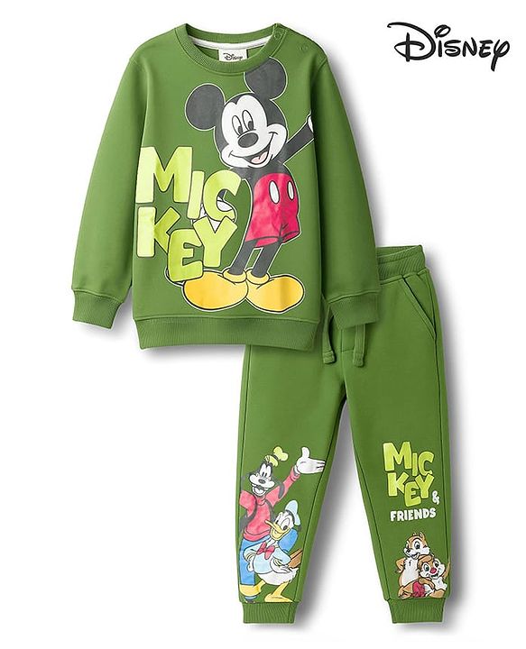 Babyhug Disney Single Jersey Knit Full Sleeves T-Shirt & Track Pant Set With Mickey & Friends Graphics - Olive Green