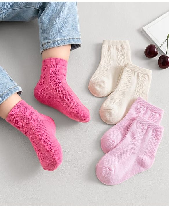 Cutewalk by Babyhug Non Terry Knit Anti-Bacterial Ankle Length Solid Colour Socks Pack of 3 - Dark Pink & Cream