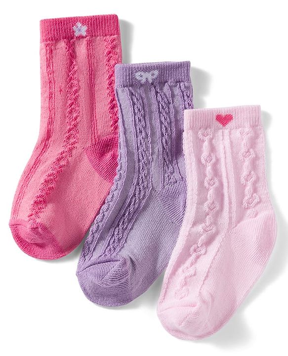 Cutewalk by Babyhug Non Terry Ankle Length Anti-Bacterial Socks with Floral, Heart & Bow Design Pack of 3 - Pink & Purple