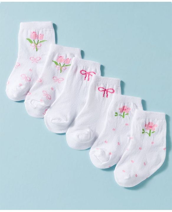 Cute Walk by Babyhug Non Terry Knit Ankle Length Anti Bacterial Socks With Floral Design Pack of 3 -  Multicolour
