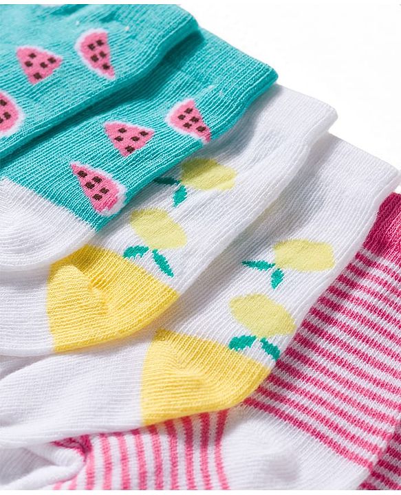 Cute Walk by Babyhug Non Terry Knit Ankle Length Anti Bacterial Socks With Stripes & Fruits Design Pack of 3 - Multicolour