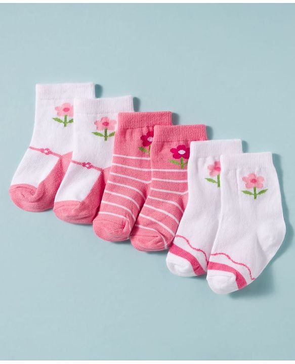 Cute Walk by Babyhug Non Terry Knit Ankle Length Antibacterial Socks With Floral Design Pack Of 3 - White & Pink