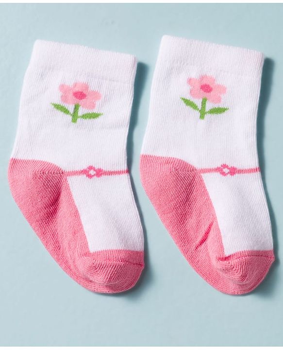 Cute Walk by Babyhug Non Terry Knit Ankle Length Antibacterial Socks With Floral Design Pack Of 3 - White & Pink