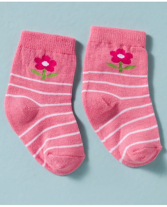 Cute Walk by Babyhug Non Terry Knit Ankle Length Antibacterial Socks With Floral Design Pack Of 3 - White & Pink