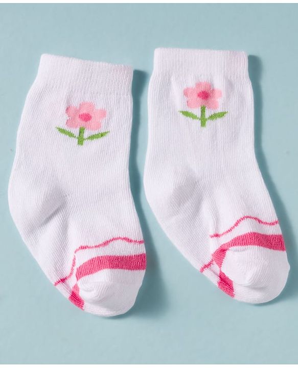 Cute Walk by Babyhug Non Terry Knit Ankle Length Antibacterial Socks With Floral Design Pack Of 3 - White & Pink
