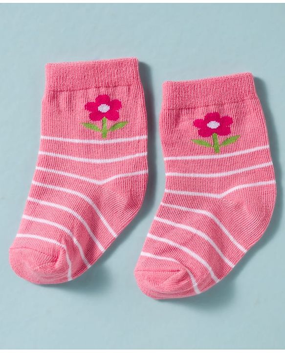 Cute Walk by Babyhug Non Terry Knit Ankle Length Antibacterial Socks With Floral Design Pack Of 3 - White & Pink