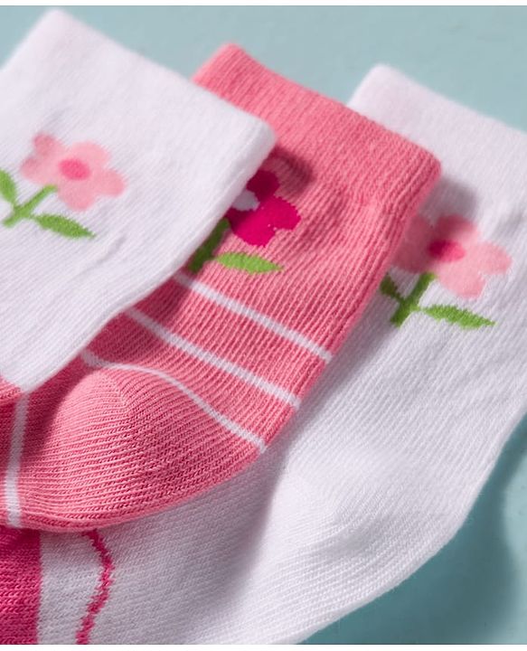 Cute Walk by Babyhug Non Terry Knit Ankle Length Antibacterial Socks With Floral Design Pack Of 3 - White & Pink