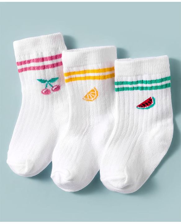 Cute Walk by Babyhug Non Terry Knit Ankle Length Anti Bacterial Socks With Fruits Design Pack of 3 - Multicolour