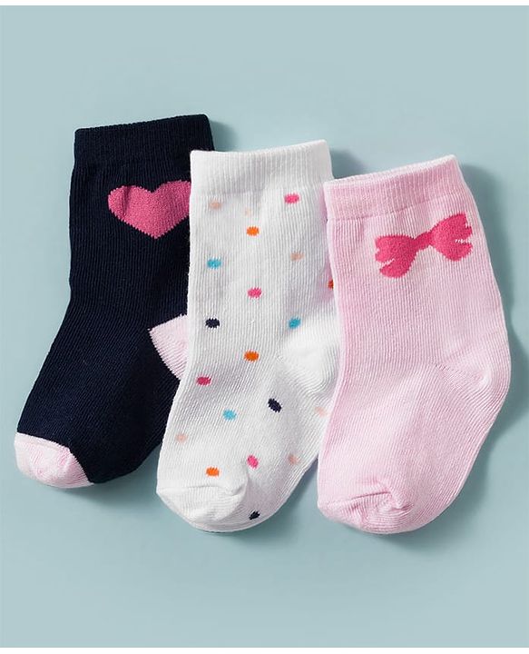 Cute Walk by Babyhug Non Terry Knit Ankle Length Anti Bacterial Socks With Polka Dots Hearts & Bow Design Pack of 3 - Multicolour