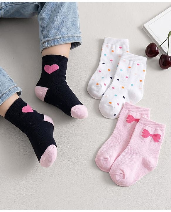 Cute Walk by Babyhug Non Terry Knit Ankle Length Anti Bacterial Socks With Polka Dots Hearts & Bow Design Pack of 3 - Multicolour