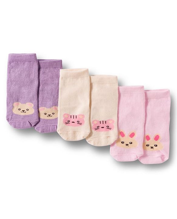 Cute Walk by Babyhug Non Terry Cotton Knit Ankle Length Anti Bacterial Socks With Animal Design Pack Of 3 - Multicolour