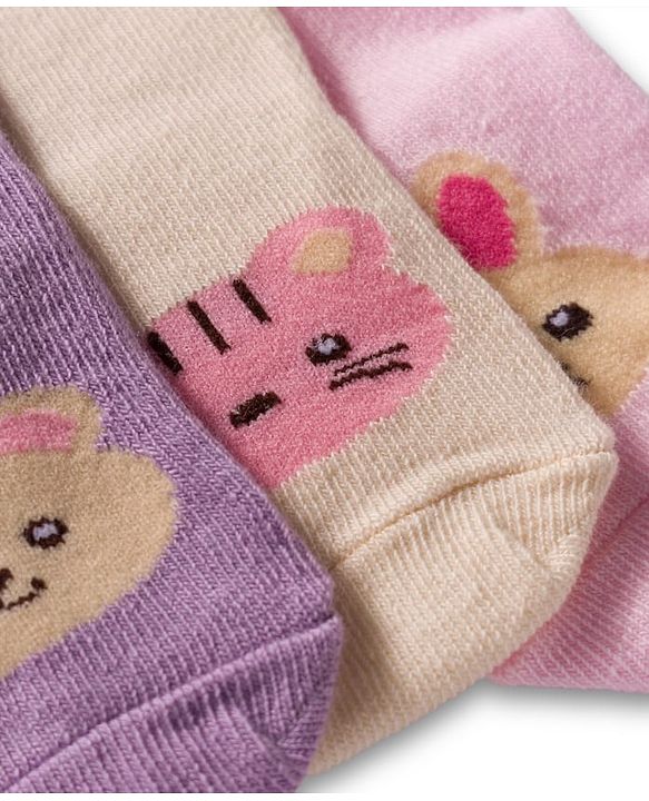 Cute Walk by Babyhug Non Terry Cotton Knit Ankle Length Anti Bacterial Socks With Animal Design Pack Of 3 - Multicolour