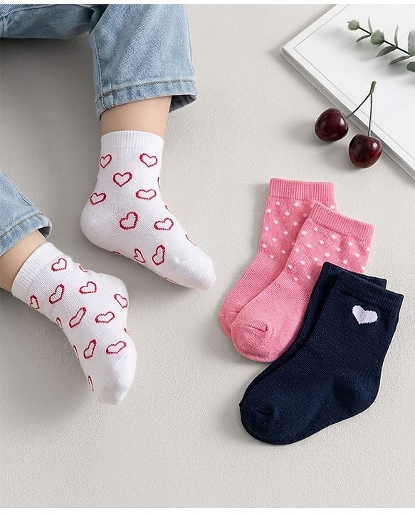 Cute Walk by Babyhug Non Terry Cotton Knit Ankle Length Anti Bacterial Socks With Hearts Design Pack Of 3 - Multicolour