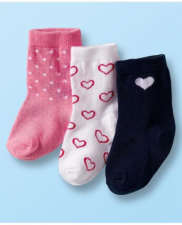 Cute Walk by Babyhug Non Terry Cotton Knit Ankle Length Anti Bacterial Socks With Hearts Design Pack Of 3 - Multicolour