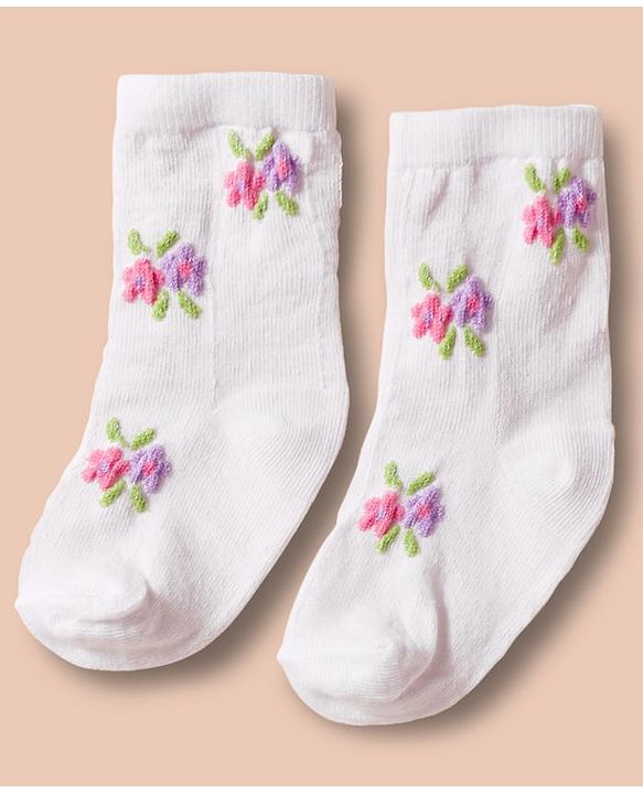 Cute Walk by Babyhug Non Terry Cotton Knit Ankle Length Anti Bacterial Socks With Floral Design Pack Of 3 - Multicolour