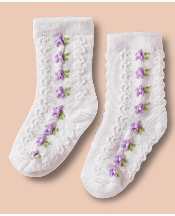 Cute Walk by Babyhug Non Terry Cotton Knit Ankle Length Anti Bacterial Socks With Floral Design Pack Of 3 - Multicolour